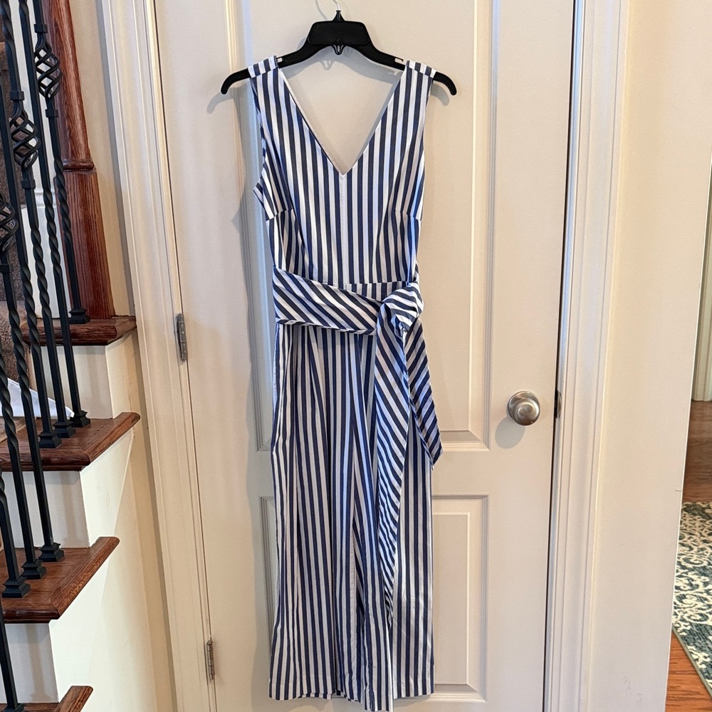 J. Crew Blue and White Striped Sleeveless V-Neck Jumpsuit w/ Waist Tie, Pockets